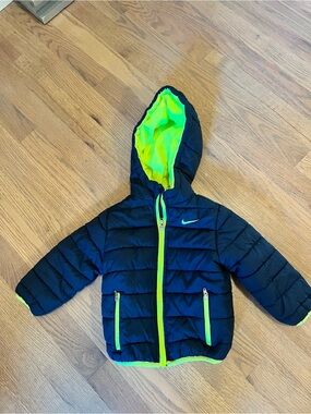 Nike Kids Navy Puffer Jacket with Neon Green Accents